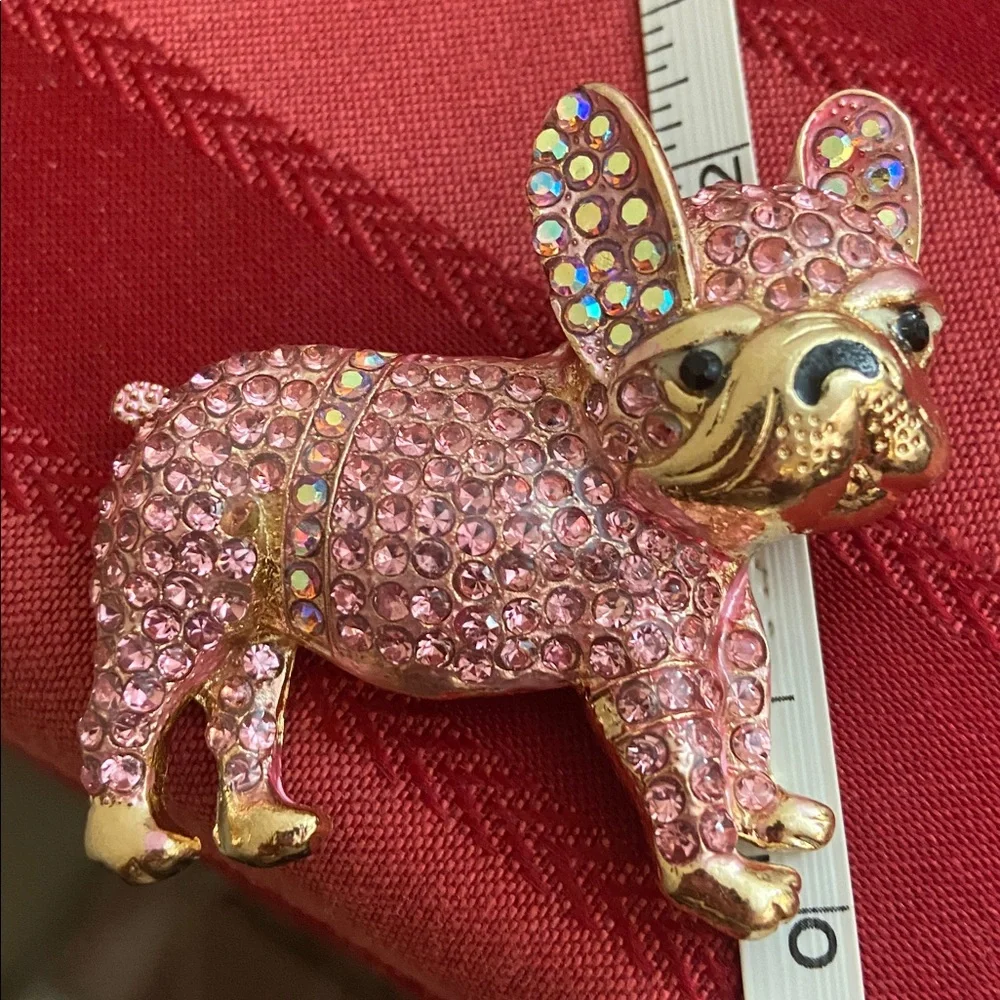 NEW Pink Rhinstoned & Gold Tone French Bulldog Broach & Pendant